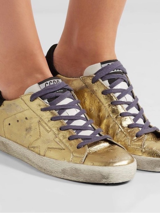 Golden Goose Shoes - $698 Golden Goose Metallic Gold Low-Top Sneakers with Purple Laces